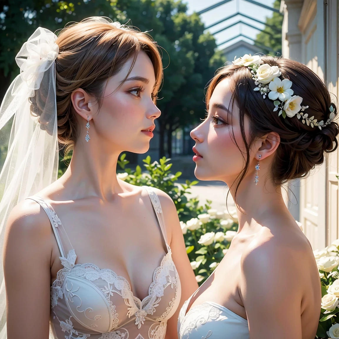 (masterpiece, highest quality, official art, beauty and aesthetic), perfect anatomy, two stunning bride is deeply in love with each other, kiss, flower