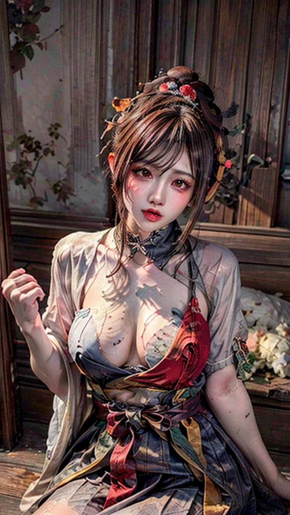 (((masterpiece)))、(((portrait)))、1 girl,Lie flat on your bed,Face,很Express enjoyment,Sexual Expression,confuse,Reddish brown hair、curls、Ponytail,Red headdress、Red Eyes、Diffuse light、Dynamic Shadows、Clear focus、Reality、meticulous、high resolution、entertainment、 lifelike, lifelike, Soaked, mascara, Face红, Turtleneck pajamas, White short sleeve,youthful appearance,,Covered with white soap bubbles,Shot in the body,Mouth,On the hair, A lot of white soap bubbles,open mouth,Sticking out tongue,Face红,Express enjoyment,confuse,Very slim upper body:1.3),Huge breasts:1.4 Huge breasts:1.4,full, Firm breasts,Showing cleavage,Nipple protrusion,Belly button full breasts, Large Breasts, Slender sexy legs, Put your hands behind your head((Clear nipples))、Rocket , (Large Breasts),(because I'Thin)