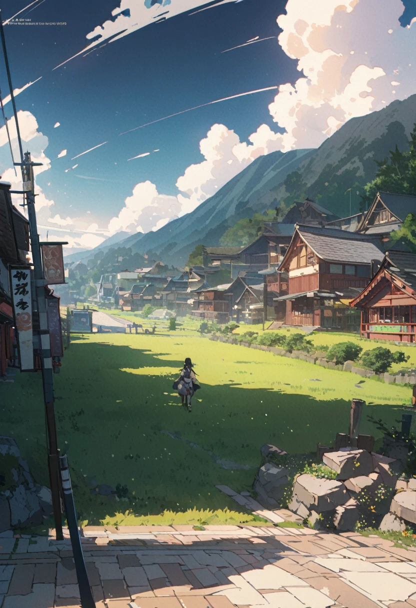 masterpiece,highest quality,ultra-detailed,high-definition background,8K,hi-res,high quality,BREAK, japanese manga style, sketch, Watercolor Colors.ハイクオリティなmasterpiece、landscape、anime、Japanese Town、traditional town、明るい星null。BREAK ロマンチックな古い町並み, null, pixiv, Concept Art, Lofi Art Style, reflection. by Makoto Shinkai, lofi art, Beautiful anime scene, BREAK animeのlandscape, 詳細なlandscape - width 672, in style of Makoto shinkai, style of Makoto shinkai, enhanced details, BREAK,Detailed,Realistic,4k highly detailed digital art,octane render、 Bioluminescence,BREAK 8K解像度Concept Art,realism,by Mappa Studios,masterpiece,最high quality,Official Art,An illustration,ligne claire,(cool_Farbe), Perfect composition,Absurd,Fantasy,concentrated,Rule of thirds,High detail,animeーション,animeーションのスタイル、 Shine, Film lighting, god々Shining rays, Shine光, reflection光, Get closer, Lens flare, masterpiece, High Detail, 最high quality, Ultra detail, high quality, animeーション背景, animeーション壁紙, sunny, 明るい青null, Dramatic lighting, 植wood鉢, plant, wood, Grass, Cobblestone Street, hometown, hometownの町, Summer vacation, memory, 夏のmemory, homecoming、countryside、CountrysiHometown,Children playing、Festivals