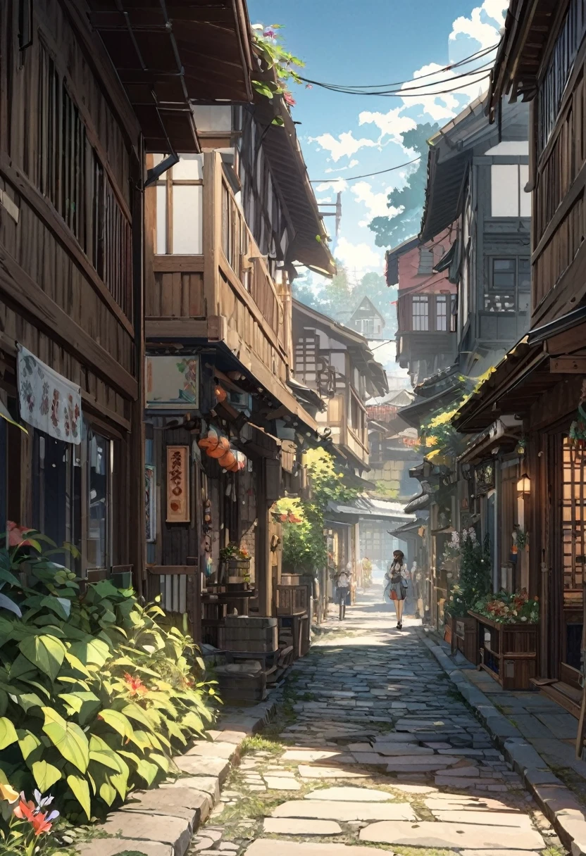 masterpiece,highest quality,ultra-detailed,high-definition background,8K,hi-res,high quality,BREAK, japanese manga style, sketch, Watercolor Colors.ハイクオリティなmasterpiece、landscape、anime、Japanese Town、traditional town、明るい星null。BREAK ロマンチックな古い町並み, null, pixiv, Concept Art, Lofi Art Style, reflection. by Makoto Shinkai, lofi art, Beautiful anime scene, BREAK animeのlandscape, 詳細なlandscape - width 672, in style of Makoto shinkai, style of Makoto shinkai, enhanced details, BREAK,Detailed,Realistic,4k highly detailed digital art,octane render、 Bioluminescence,BREAK 8K解像度Concept Art,realism,by Mappa Studios,masterpiece,最high quality,Official Art,An illustration,ligne claire,(cool_Farbe), Perfect composition,Absurd,Fantasy,concentrated,Rule of thirds,High detail,animeーション,animeーションのスタイル、 Shine, Film lighting, god々Shining rays, Shine光, reflection光, Get closer, Lens flare, masterpiece, High Detail, 最high quality, Ultra detail, high quality, animeーション背景, animeーション壁紙, sunny, 明るい青null, Dramatic lighting, 植wood鉢, plant, wood, Grass, Cobblestone Street, hometown, hometownの町, Summer vacation, memory, 夏のmemory, homecoming、countryside、CountrysiHometown,Children playing、Festivals