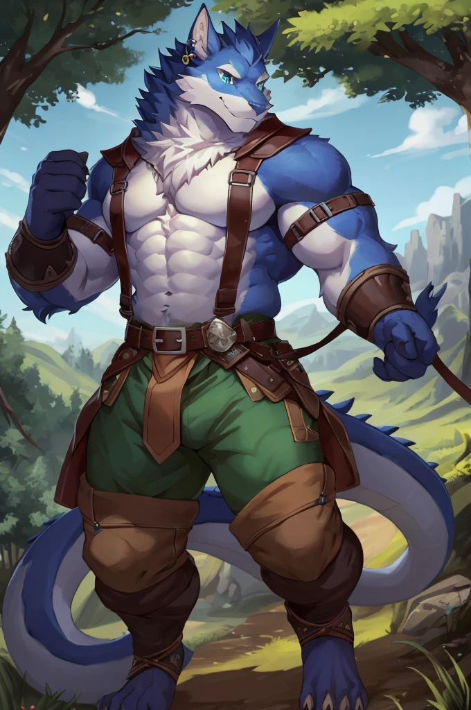 Reif's fluffy fur coat is not merely a trait of his dragon-kin heritage but a reflection of his status. The deep blues and greys of his fur are often associated with the wisdom of the ancients, while his piercing blue eyes seem to gaze into the soul of anyone who dares to meet his gaze. His stature, at 173 cm, is quite notable, especially given his narcoleptic condition. His physique, though not traditionally robust, suggests a strength that lies beneath the surface, hinting at the formidable power he wLumberjack Shirt: The green lumberjack shirt, unbuttoned to reveal his furry, hairy chest, is a nod to the region's strong ties to nature and the robustness of its inhabitants. The color green is significant in both Slavic and Celtic cultures, representing growth, life, and the vastness of the forest that surrounds the village. The pattern of the shirt, reminiscent of the ancient runic symbols found on artifacts from both cultures, suggests a unity of the old and new worlds. The sleeves, rolled up to his elbows, offer a glimpse of his powerful, fur-covered forearms, symbolizing his readiness for manual labor and combat, despite his scholarly demeanor. Loose-Fitting Pants: The dark brown pants, tailored to allow unrestrained movement, are emblematic of the village's emphasis on functionality and comfort. The material, a durable blend of fabric and fur, is both stylish and practical, suited to the various activities Reif engages in, from tending to his garden to engaging in the rigorous training sessions that keep him fit for his role as the village's guardian. Leather Chest Belt Strap: The brown leather chest belt strap serves both a practical and symbolic purpose. It holds the shirt in place, emphasizing his chest and abs, but also acts as a utilitarian accessory, allowing him to keep essential items close at hand. This strap is a subtle nod to the dragon-kin's historical attire, which often incorporated leather and fur to signify their mastery over the natural world;