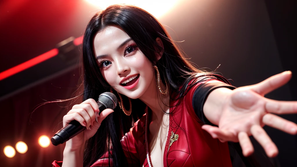 masterpiece, best quality, extremely detailed, hyperrealistic, photorealistic, a beautiful 20s chinese model, ultra detailed face:1.2, black hair, red dress, singing on live stage:1.2, stage lighting, rock band, perfect hands, perfect finger, smiling