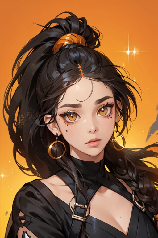 Nora is brown-skinned and  orangeish black hair and vivid amber eyes. Her hair is in dreadlocks in a high ponytail style. Nora's left eyebrow has what appears to be a slit going through it. She also has a beauty mark underneath her right eye, and her fingernails are painted with black nail polish. SPARKLE; GLITTER