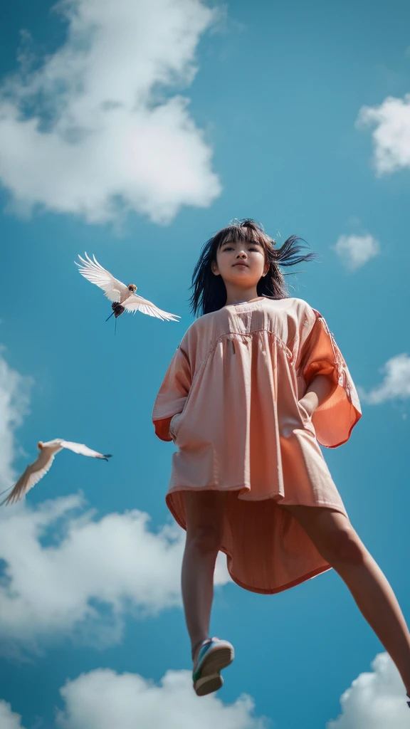 ((crane))、bird、after the rain、Cloudy、1girl,from below