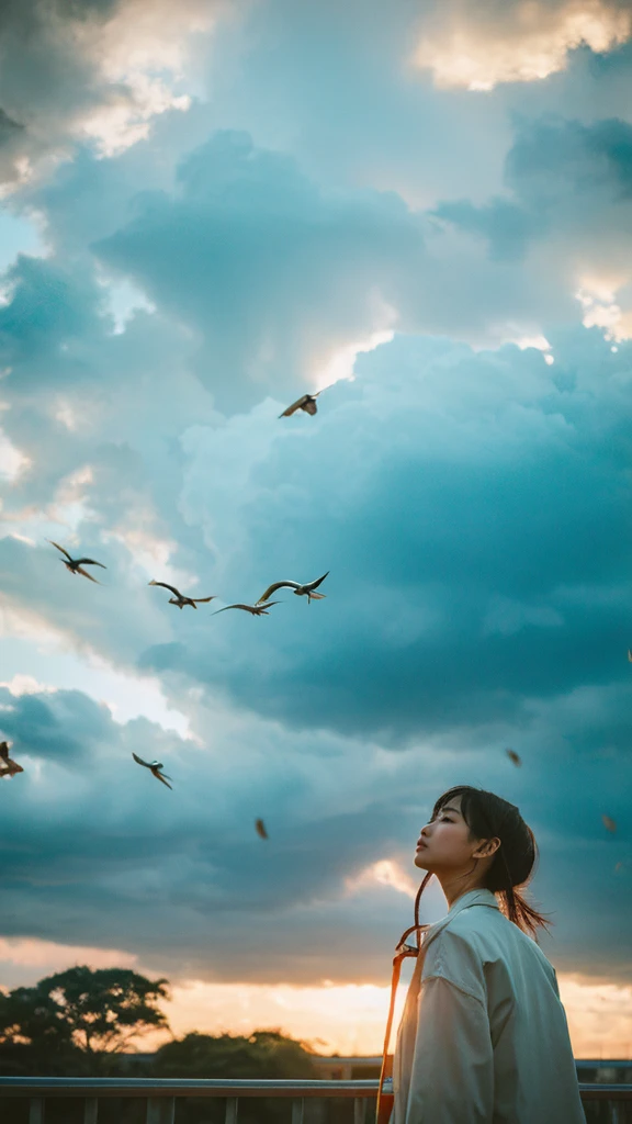 ((crane))、bird、after the rain、Cloudy、1girl,from below