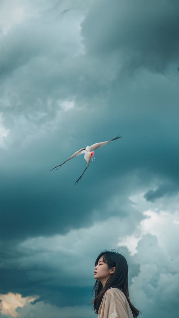 ((crane))、bird、after the rain、Cloudy、1girl,from below