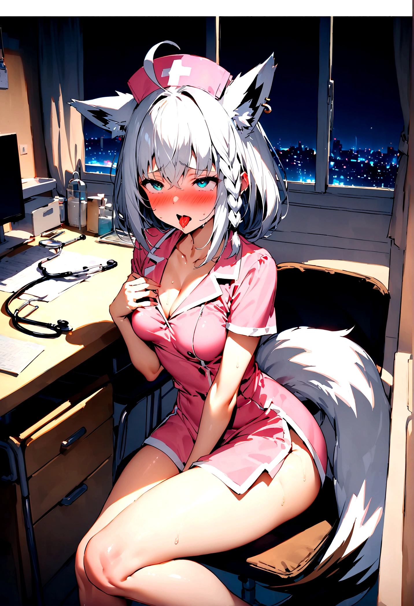 NSFW,masterpiece,Highest quality,High resolution,Super detailed,Shirakami Fubuki\(Hololive\),Gray Hair、One-sided braid、Ahoge、Earrings,Fox ears,Fox tail,Small breasts,nurse,Pink Nurse Uniform,Nurse cap,Stethoscope,Embarrassed,blush,Expecting face,Feeling face,(Ecstasy face),(Ahegao),Sexy look,Hospital at night,Examination room,desk,pc,Chair,(Seduce),Cleavage,examine,Chairに座っている,Leg spread,Rub your own breasts,(Masturbation),(Squirting),From before