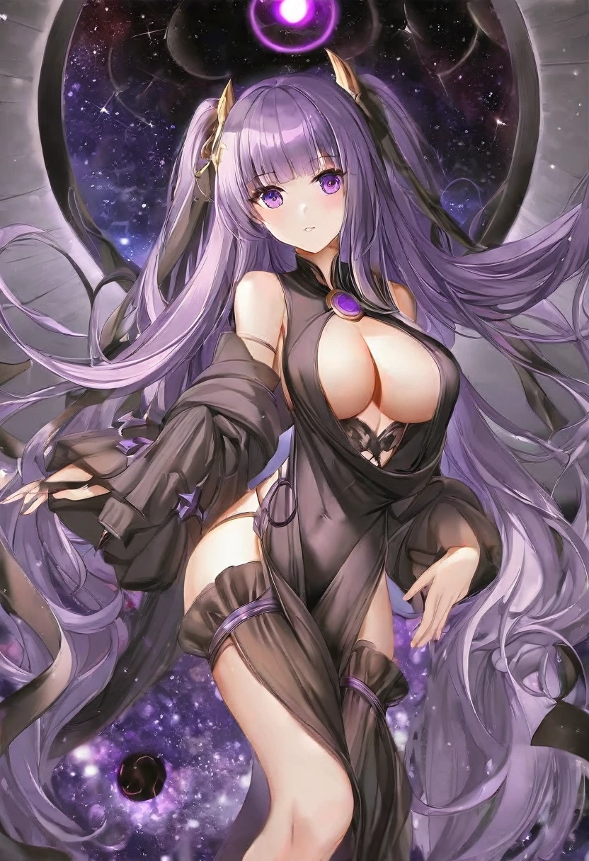 Athena,Extra long purple hair,Purple Eyes,Black one-piece dress,There are small purple and gold decorations,The long jumpsuit is very sexy,barefoot,A black hole in the background universe,Purple black hole