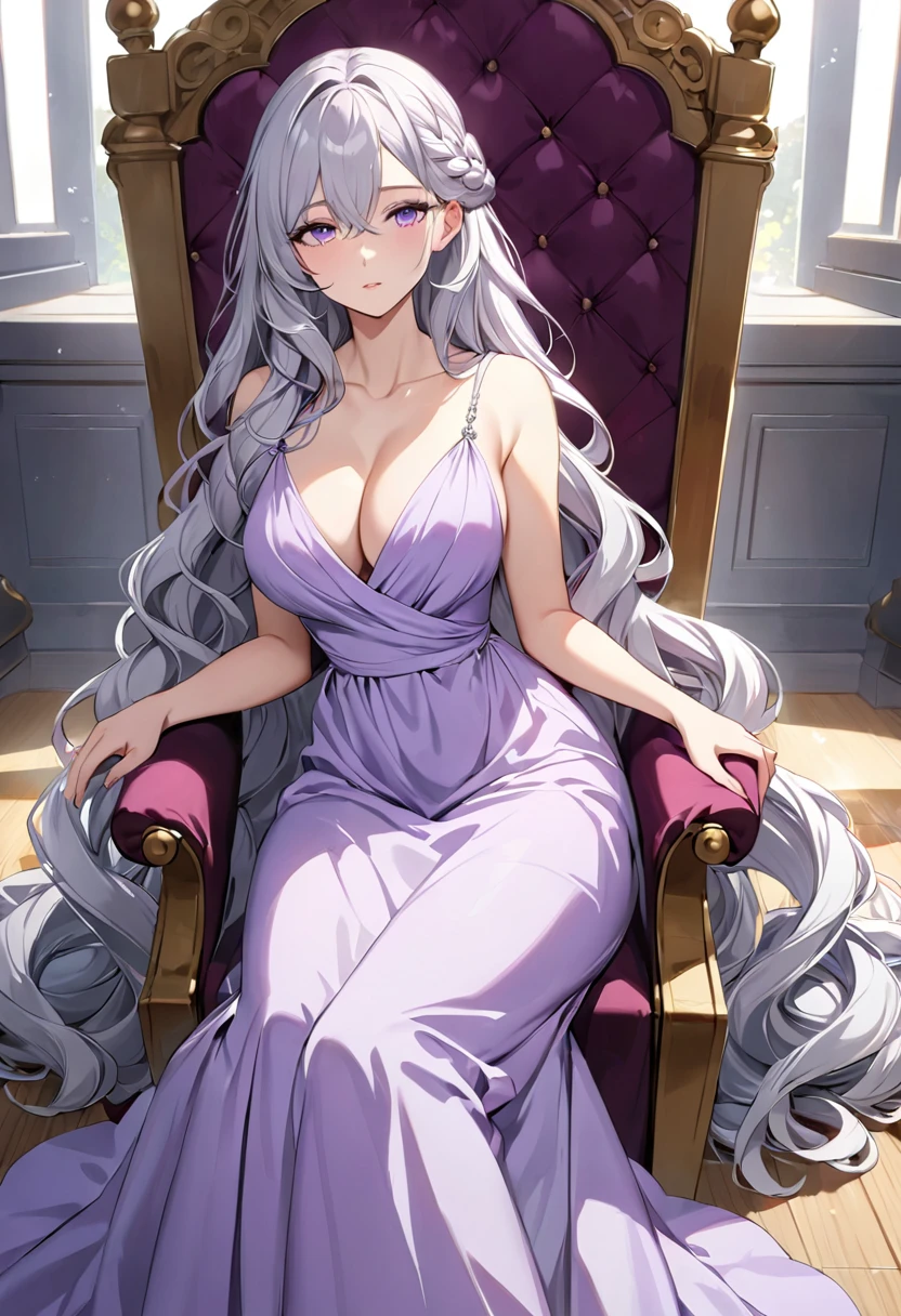 silver hair, long silver hair, wavy hair, soft purple eyes, female, large bust, long dress, lilac dress, modest dress, v neck, floor length dress, braided hair, perfect body, one person, adult, high quality, sitting, on throne, light purple eyes