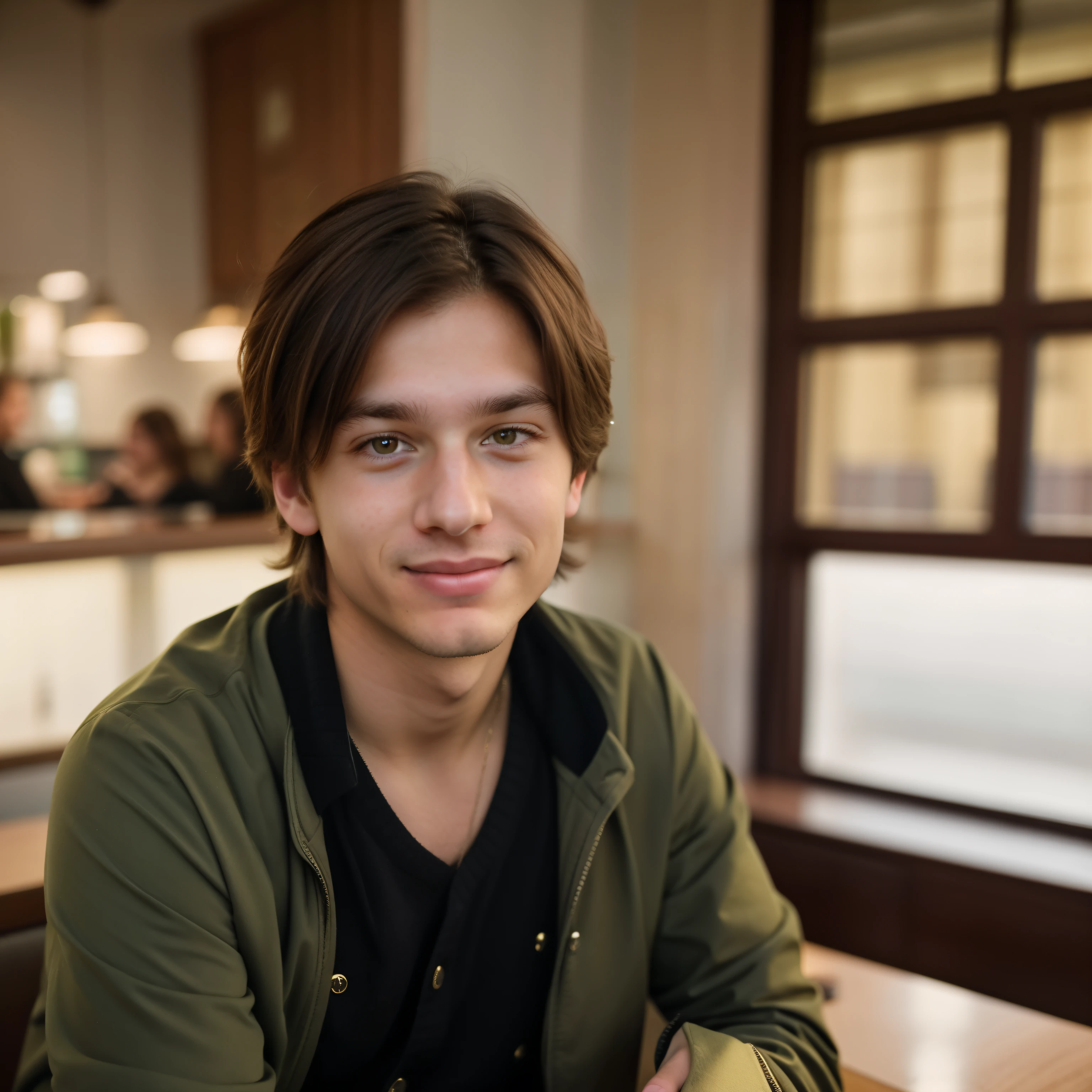 perfect face An 18 year old boy with shorts, flowing brown hair, eyes browns, glossy lips - his expression is one of joyful contentment as he gazes warmly into the camera, he's on the street, looks beautiful, wearing a casual green coat and black sweater, in restaurant, Short, flowing brown hair, short eyelashes, it's not cute, a small pale freckle, hair with side bangs,