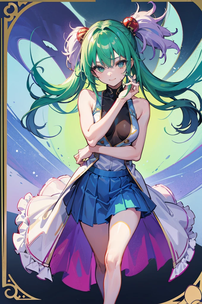 Lively standing posture,enchanting,,absurd, ultra detailed, masterpiece, best quality, Aesthetic, detailed, Solitary, Smile, 1 Girl, Aqua eyes, Double tail, 长度中等的Double tail, 有点乱的Double tail,Hair between the eyes, Bangs, crossed Bangs, Messy hair, Small Breasts, Shut up,Sleeveless shirt, Open coat, turtleneck, Purple sneakers, Half-taken off purple coat, Card issuance, Girl,Green Hair,Green Hair,Green Hair,Green Hair,thin,Thin legs,Charming pose,Sexy,Sexy,Red hair accessories,Ball between legs,Red and white ball,clown女,clown妆容,Purple skirt,Blue skirt,Ultra-clear,Ultra-clear,Looking at the camera,Full body portrait,Small breasts,Height 150cm,cute,Exaggerated smile,Six-headed body,Petite,slim,a beautiful Girl,Thin waist,clown,Ball between legs,Emerald green underwear,腿中间夹着Red and white ball,Right hand on the face,Left-handed scissorhands
