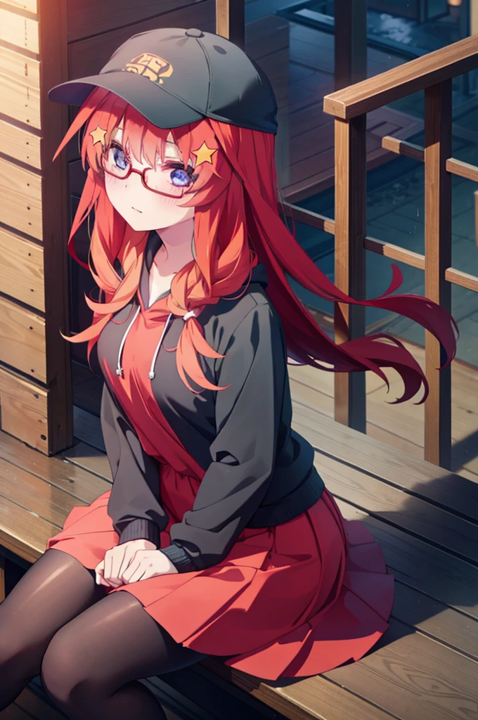 itsukinakano, itsuki nakano, bangs, blue eyes, Hair between the eyes, Ahoge, Redhead, star \(symbol\), hair ornaments, star hair ornaments,Braid,Baseball hats,Red-rimmed glasses,Oversized red hoodie and long skirt,Black pantyhose,short boots,Hiding in a roofed building,Sitting on the steps of a roofed building,rain,night,whole bodyがイラストに入るように,
break outdoors, Alley,
break looking at viewer, whole body,
break (masterpiece:1.2), Highest quality, High resolution, unity 8k wallpaper, (figure:0.8), (Beautiful attention to detail:1.6), Highly detailed face, Perfect lighting, Highly detailed CG, (Perfect hands, Perfect Anatomy),