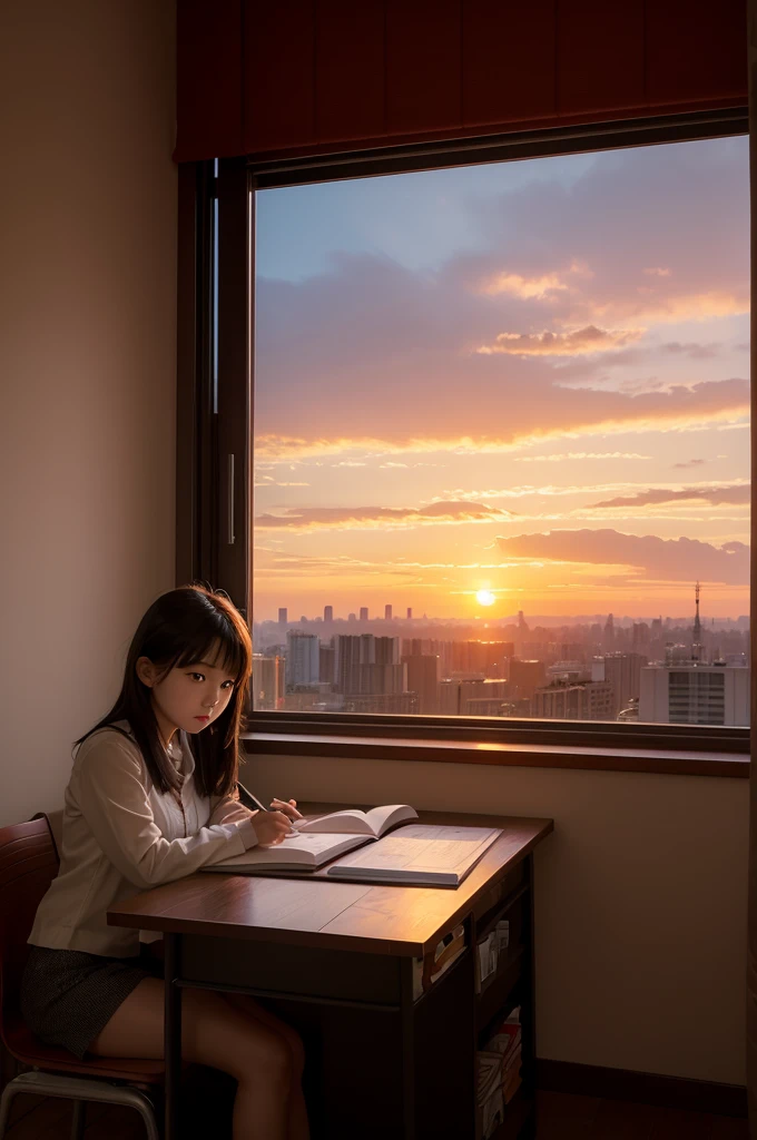 oriental girl, studying, new, desk, sunset.