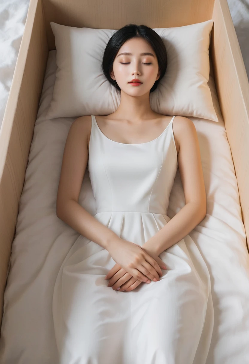 In a deep, white coffin with plush pillows (1.5 meters tall), a serene 22-year-old Korean girl sleeps peacefully. The box's interior is bathed in soft, diffused light against a striking black background. She wears a sleek, sleeveless blazer and has luscious eyebrows, eyelashes, and a flawless complexion. Her closed eyes and mouth convey tranquility. Render in Ultra High Resolution with Saturated colors, emphasizing the beautiful details of her face and the surrounding environment.