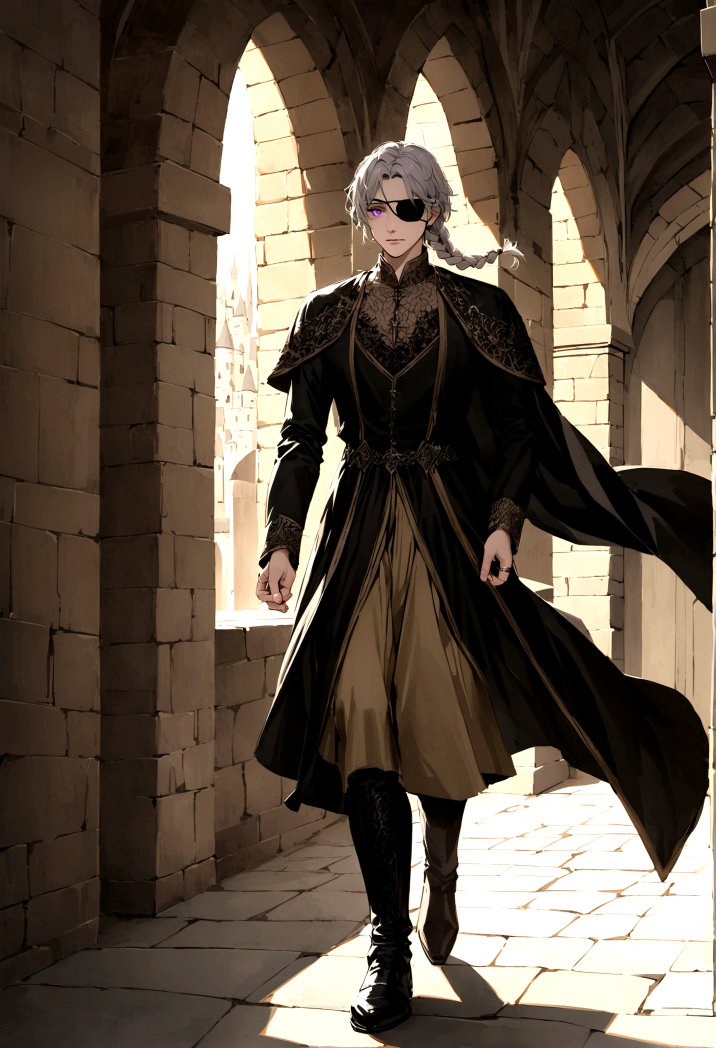 Create an image: Young adult male character long and wavy platinum braided hair, violet eyes, fair skin wears an eye patch over his left eye, richly black velvet clothing with golden Myrish lace with rings on his fingers scenery is walking down the castle corridor Game of thrones style
