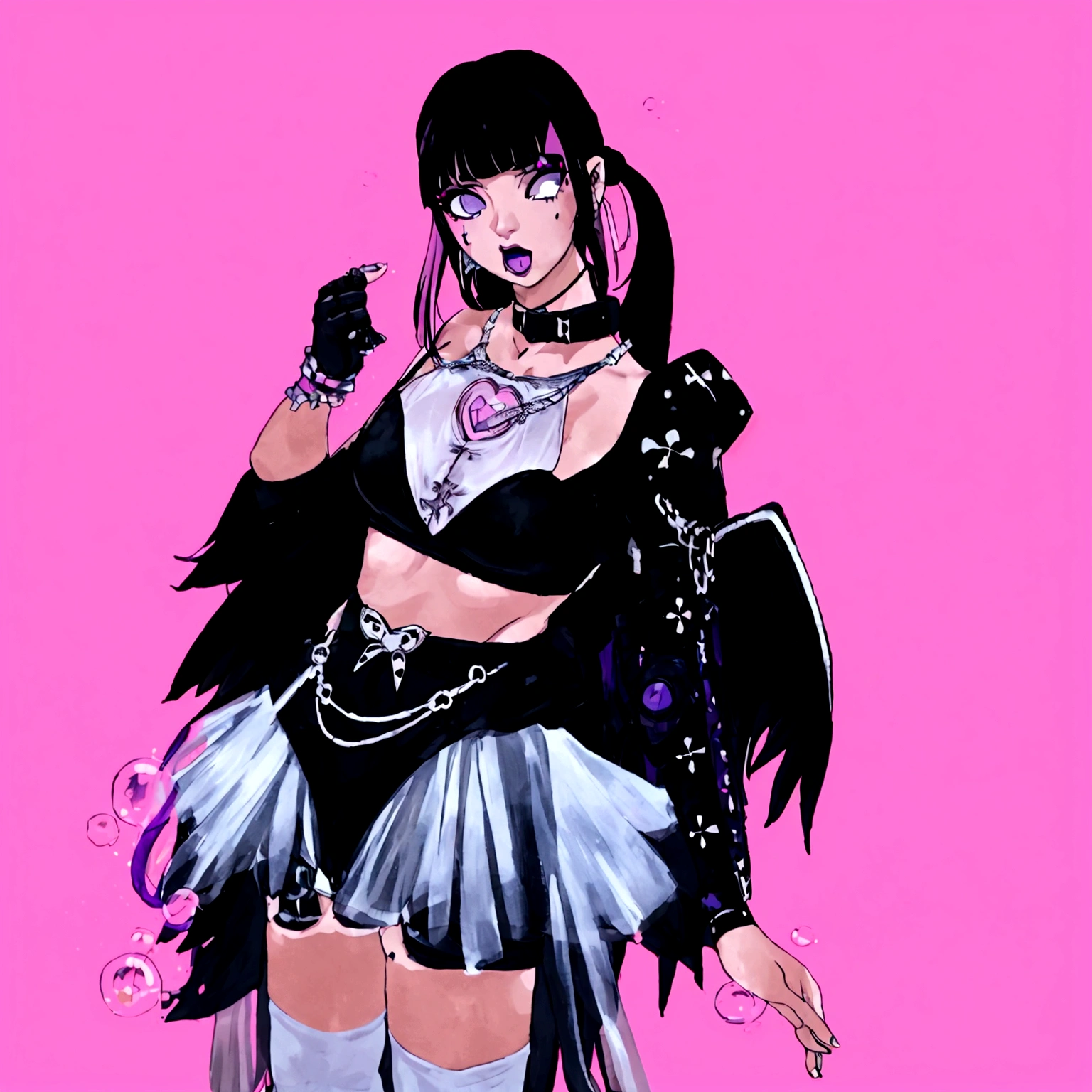 there is a woman in a costume that is standing up, inspired by Awataguchi Takamitsu, bubble goth, glitchpunk girl, pastel goth, morrigan, inspired by Jin Homura, goth girl, spellcasting pose, dollpunk, dressed in punk clothing, glamorous tifa lockheart, dressed in crustpunk clothing