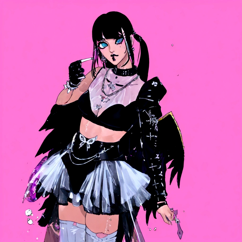 there is a woman in a costume that is standing up, inspired by Awataguchi Takamitsu, bubble goth, glitchpunk girl, pastel goth, morrigan, inspired by Jin Homura, goth girl, spellcasting pose, dollpunk, dressed in punk clothing, glamorous tifa lockheart, dressed in crustpunk clothing