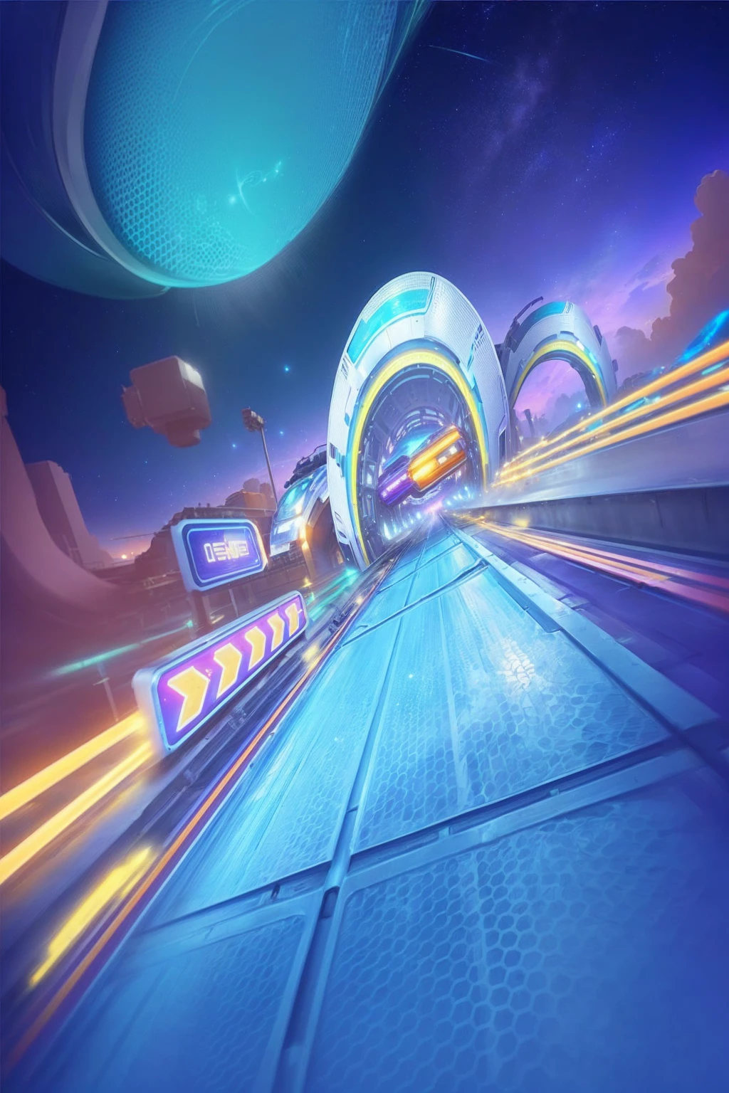 Close-up shot of a train moving along tracks in a futuristic scene, rainbow road, background technologywork, background technology, race track background, outrun art style, outrun style, Breeze Background, Game Background, crisp smooth lines, Galaxy ray tracing, outrun style and colours, videoGame Background, outrun, mobile Game Background, Ultrahigh speed, Mobile Game Art