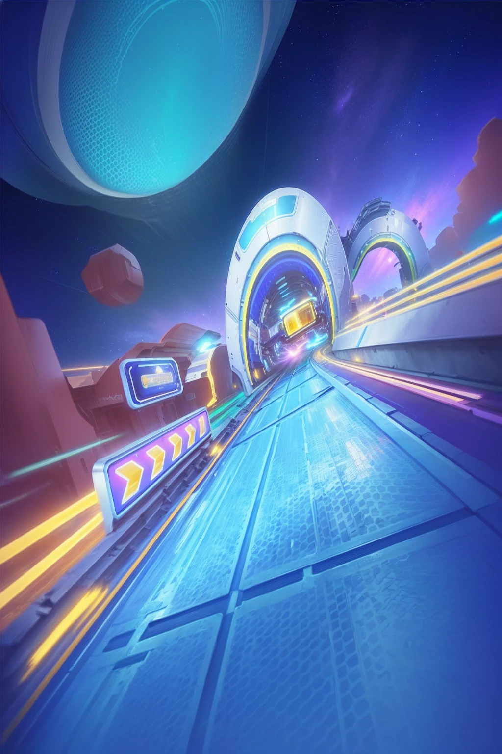 Close-up shot of a train moving along tracks in a futuristic scene, rainbow road, background technologywork, background technology, race track background, outrun art style, outrun style, Breeze Background, Game Background, crisp smooth lines, Galaxy ray tracing, outrun style and colours, videoGame Background, outrun, mobile Game Background, Ultrahigh speed, Mobile Game Art