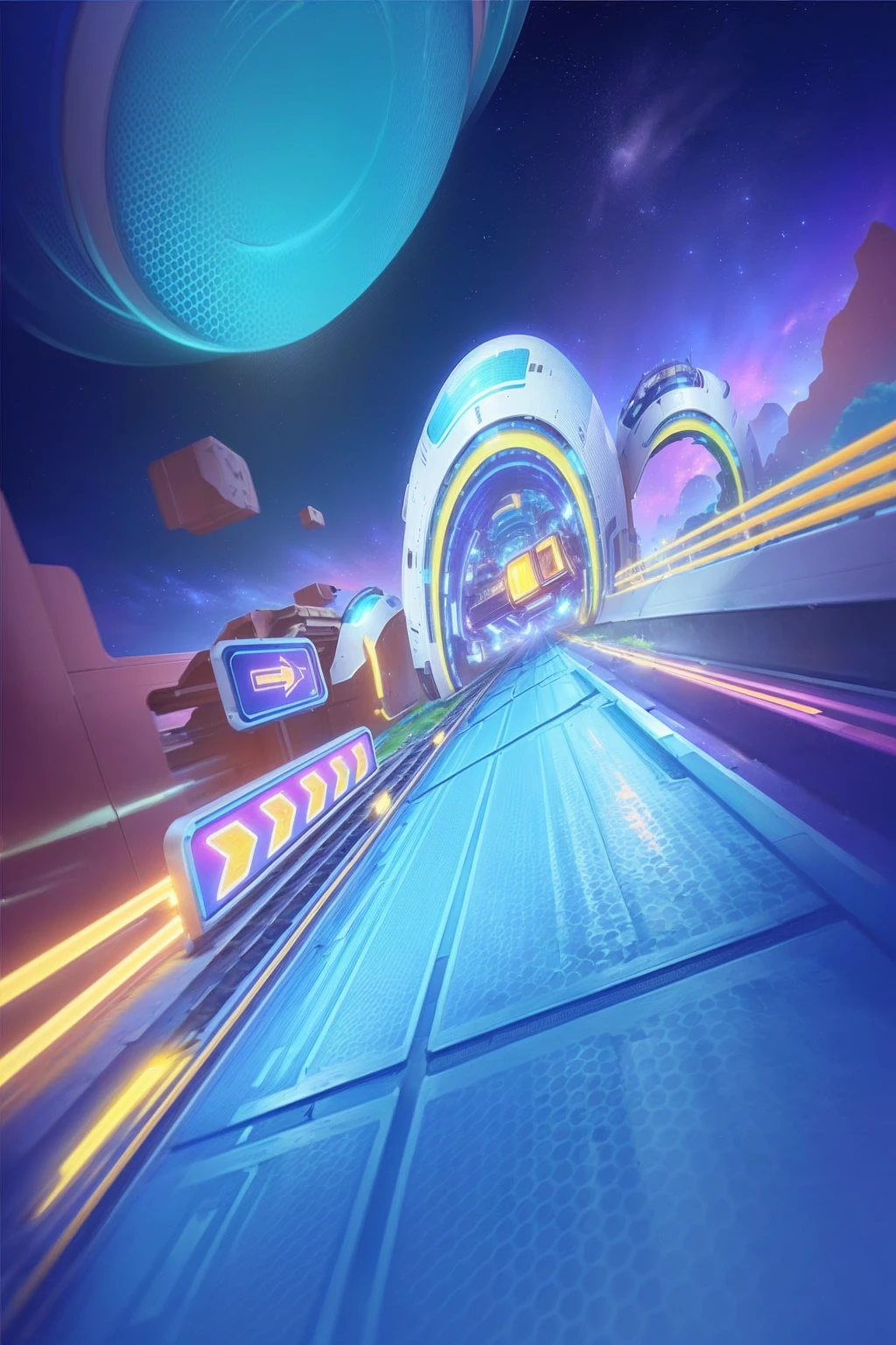 Close-up shot of a train moving along tracks in a futuristic scene, rainbow road, background technologywork, background technology, race track background, outrun art style, outrun style, Breeze Background, Game Background, crisp smooth lines, Galaxy ray tracing, outrun style and colours, videoGame Background, outrun, mobile Game Background, Ultrahigh speed, Mobile Game Art