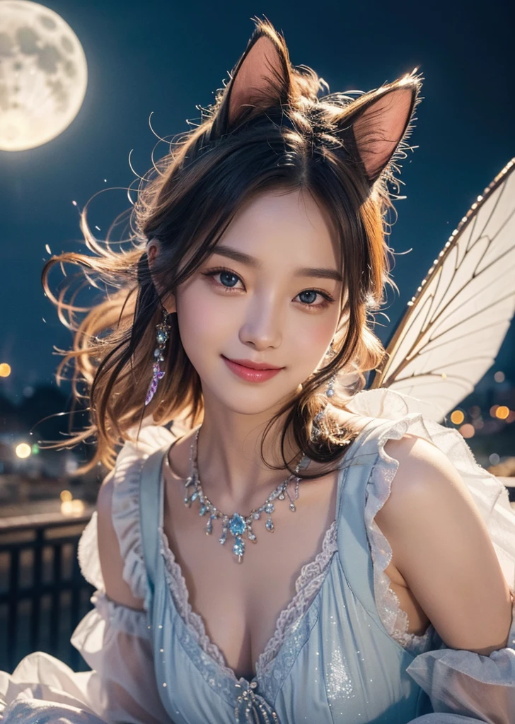Diffuse lighting、 Highest quality, High resolution, unity 8k wallpaper、Supersaturation, Colorful, fairy tale, dream-like, Movie-like characters, oil, 3d, 8K resolution, Sequins, Sparkling, moonlight, Close-up portrait adorable,Too cute cat, Fine grain, Large, round, reflective eyes,Dreamland、pastel colour、pleasant to the touch、Facing forward、smile、full moon、Mysterious Flower、