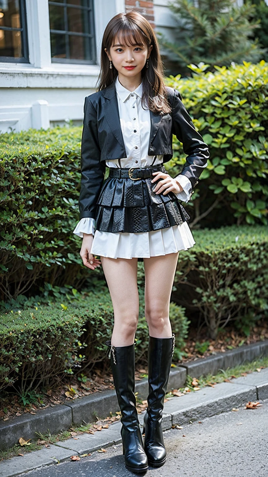 (8K、RAW Photos、Highest quality、masterpiece:1.2)、(Realistic、Realistic)、1 Girl、((Frills、See-through、black and white mini skirt、Thin legs、whole body、boots、garden、View from the front、Looking into the camera、belt、Stand with hands on hips))、cute