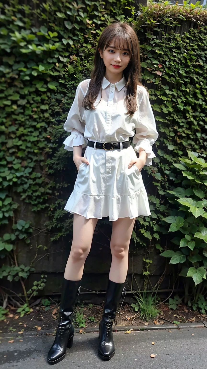 (8K、RAW Photos、Highest quality、masterpiece:1.2)、(Realistic、Realistic)、1 Girl、((Frills、See-through、black and white mini skirt、Thin legs、whole body、boots、garden、View from the front、Looking into the camera、belt、Stand with hands on hips))、cute