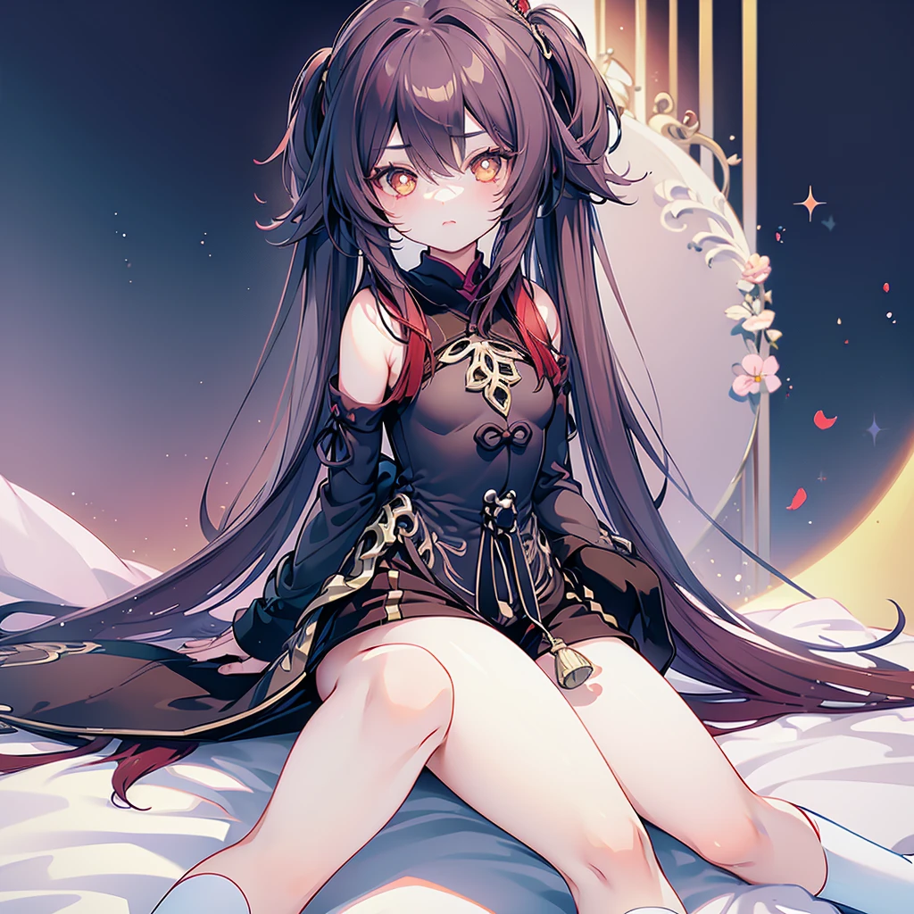 ((masterpiece)), ((Best Quality)), (Ultra-detailed), Anime style, Cute , 1girl in, Solo, 8k, sitting on the bed, young girl , flat chest, bare shoulders