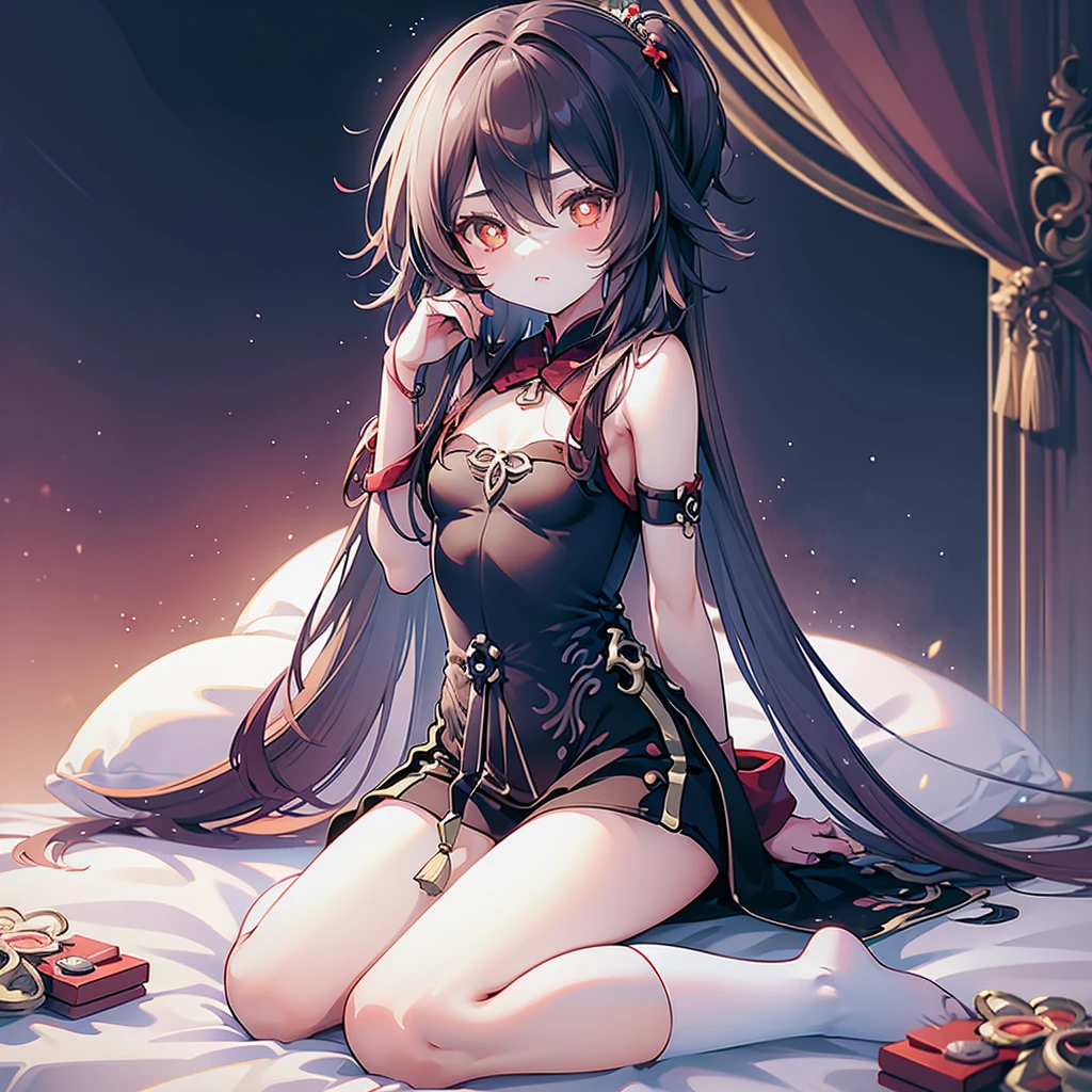 ((masterpiece)), ((Best Quality)), (Ultra-detailed), Anime style, Cute , 1girl in, Solo, 8k, sitting on the bed, young girl , flat chest, bare shoulders