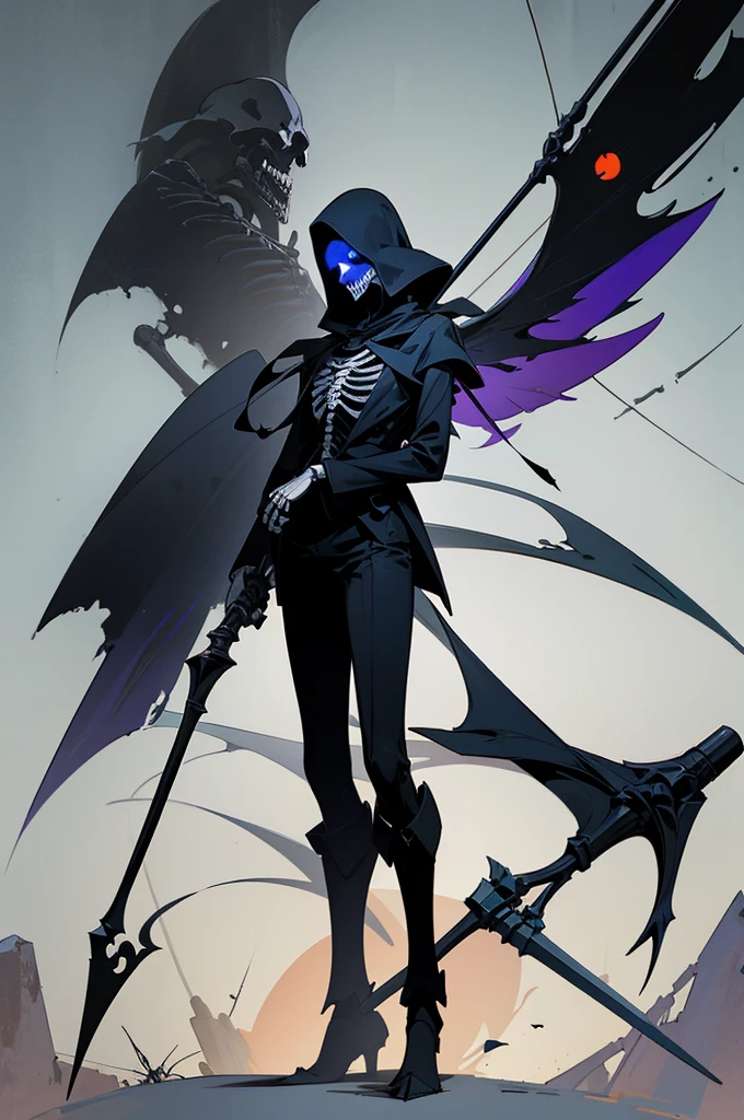 A painting of a skeleton holding a sickle and a scythe, Scythe design, the Angel of Death, Angel of Death, Full body concept, Spooky and gloomy art style, Detailed but rough, Skeletal signs, detailed Full body concept, Grim Reaper Illustration, Demon Soul concept art, skeleton with extra fleshy bits, dark souls concept