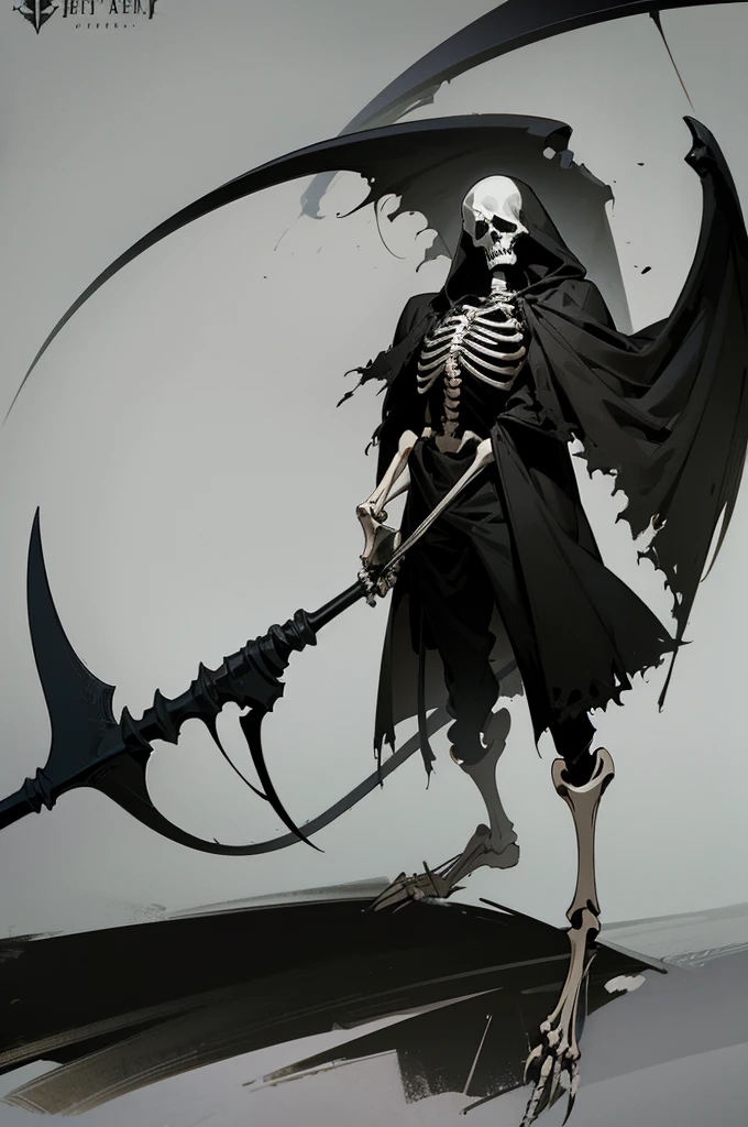 A painting of a skeleton holding a sickle and a scythe, Scythe design, the Angel of Death, Angel of Death, Full body concept, Spooky and gloomy art style, Detailed but rough, Skeletal signs, detailed Full body concept, Grim Reaper Illustration, Demon Soul concept art, skeleton with extra fleshy bits, dark souls concept