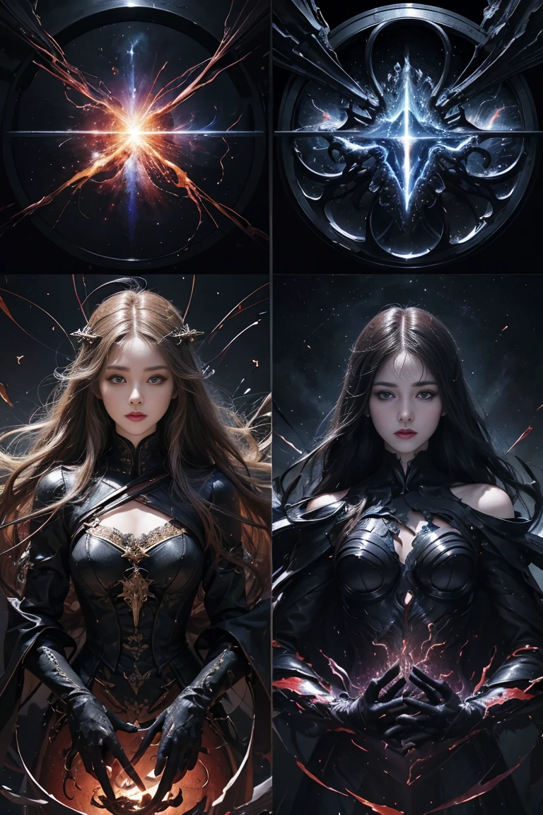 Surrealist triptych, Bataille's Eroticism concept, central panel: intertwined figures dissolving into cosmic void, left panel: sacred and profane imagery merging, right panel: shattered chains and fluid forms, symbolism of life, death, and continuity, contrasting textures of mechanical and organic elements, ethereal atmosphere with areas of intense color and bold brushstrokes, renaissance and abstract expressionist influences, hyper-detailed, 8k resolution, mixed media on canvas --ar 16:9 --stylize 1000 --chaos 30 --v 5