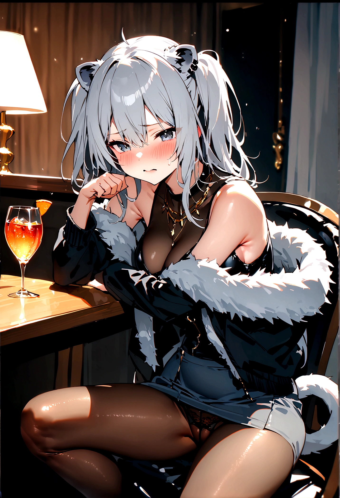 NSFW,masterpiece,Highest quality,High resolution,Super detailed,Shishirabotan\(Hololive\),Long Hair、Two Side Up、Earrings、Lion&#39;s Tail,necklace、Black Shirt、Sleeveless shirt、abdomen、See-through、Grey Skirt、片足pantyhose、pantyhose、fur-trimmed jacket、Black jacket、Off the shoulder,Black sexy panties,Embarrassed,blush,Luxurious Room,pub,Private room,sofa,Cocktail Glass,(Drunk),(Intoxication),Sitting in a chair,heart,Sexy pose,Panty shot,Nampa,From the side,(Man),A man puts his hands on her waist and hugs her