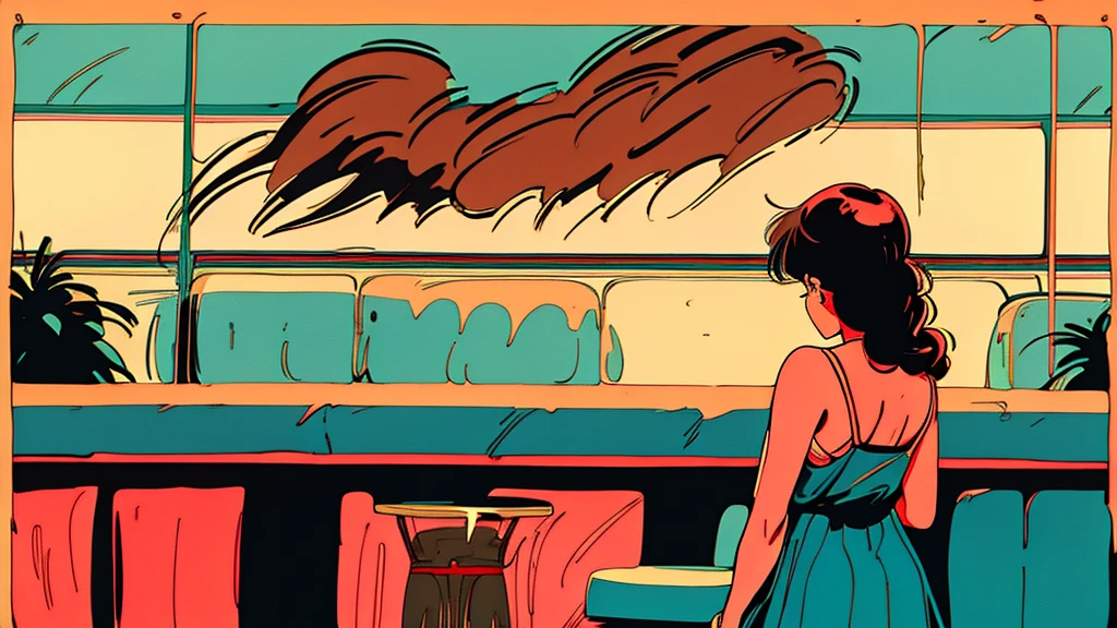 the 90s,girl,Retro Pop,dance hall,Braid,one piece,Coffee shop,Back view