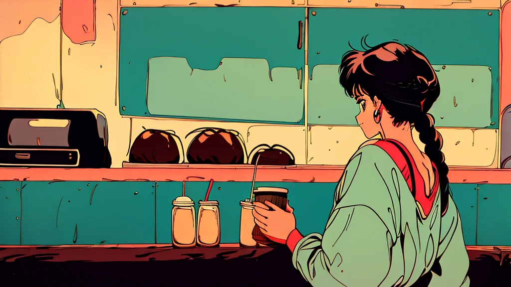 the 90s，girl，Retro Pop，dance hall，Braid，one piece，Coffee shop，Back view