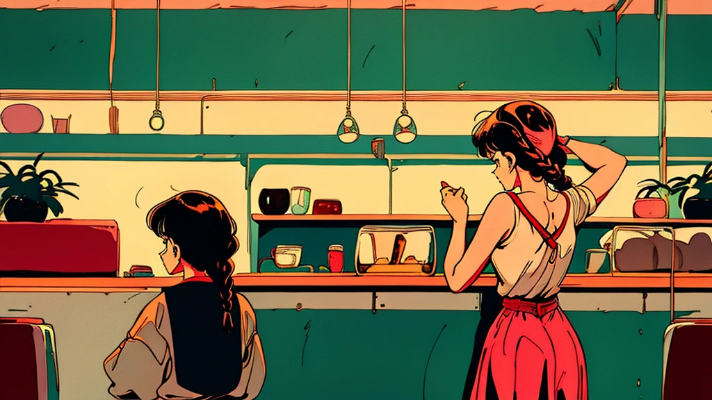 the 90s，girl，Retro Pop，dance hall，Braid，one piece，Coffee shop，Back view
