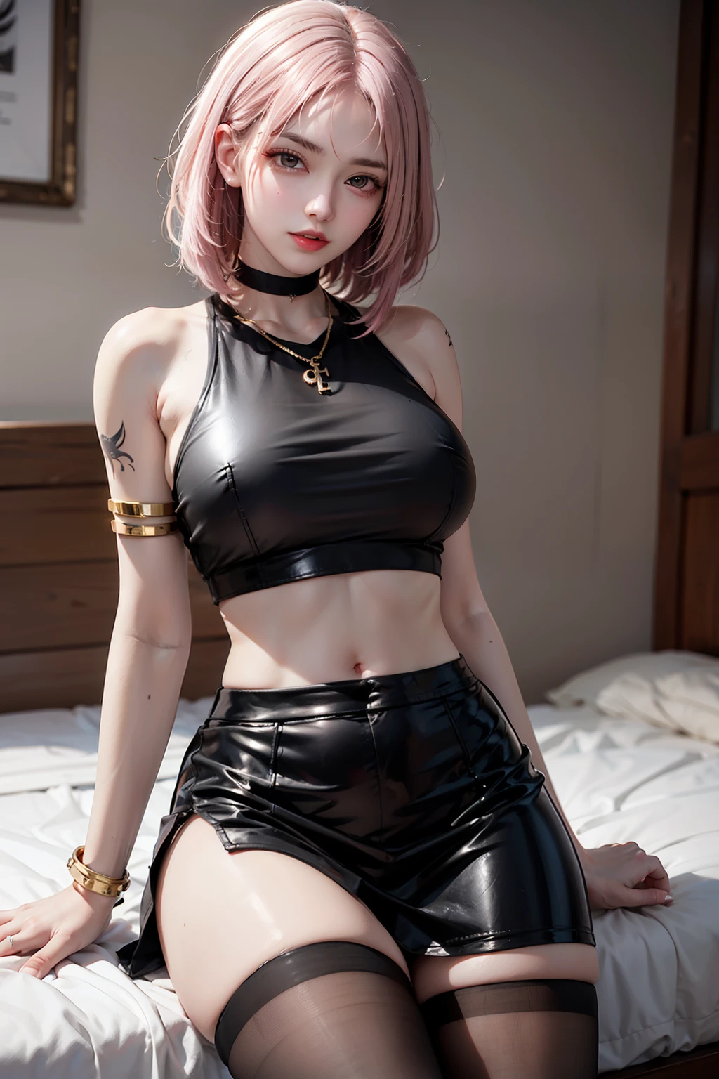 Women, early 20s, short silky pink hair with yellow tips, gold armlet, gold bracelet, golden eyes, seductive look, golden hair pinns, golden key necklace, big breast, Inc black tattoo, black thigh highs, shiny skin, side boob, underboob, arm tattoo, belly tattoo, tight clothes, midriff tank top, short plaid skirt. Breast tattoo. Thigh tattoo.