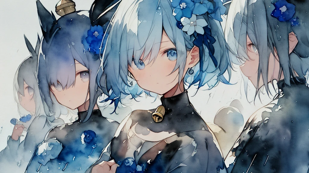 (watercolor: 1.2), people, Face, eye, Bell, Short bob hairstyle, Blue Hair、rain、青いブルーBellの花, blue flower, anger, hatred, Self-centeredness
