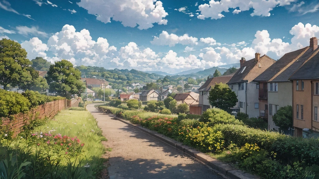 anime scenery of a resident street in an English town, anime town landscape, anime landscape wallpaper, style of makoto shinkai, anime landscape, beautiful anime scenery, ( ( makoto shinkai ) ), anime scenery, makoto shinkai. —h 2160, roads, houses and people