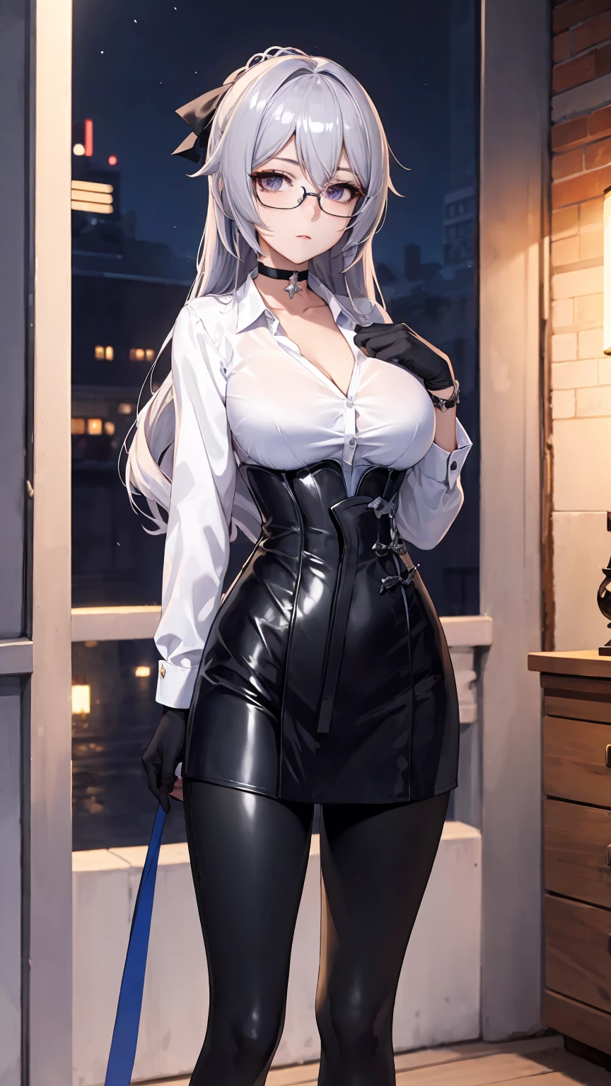 Masterpiece, Beautiful art, professional artist, 8k, detailed body, Very detailed face, very detailed eyes, Detailed clothing, detailed fabric, Best Quality, better resolution, 1 girl, bronya zaychik \(Honkai Impact 3rd\), front view, standing, big breasts, serious expression, At night , long silver hair, glasses, choker:1.6, (white collar button down long sleeve shirt), (shiny black corset), black gloves that cover your hands, (shiny black leggings), looking at the viewer, elegant room, At night