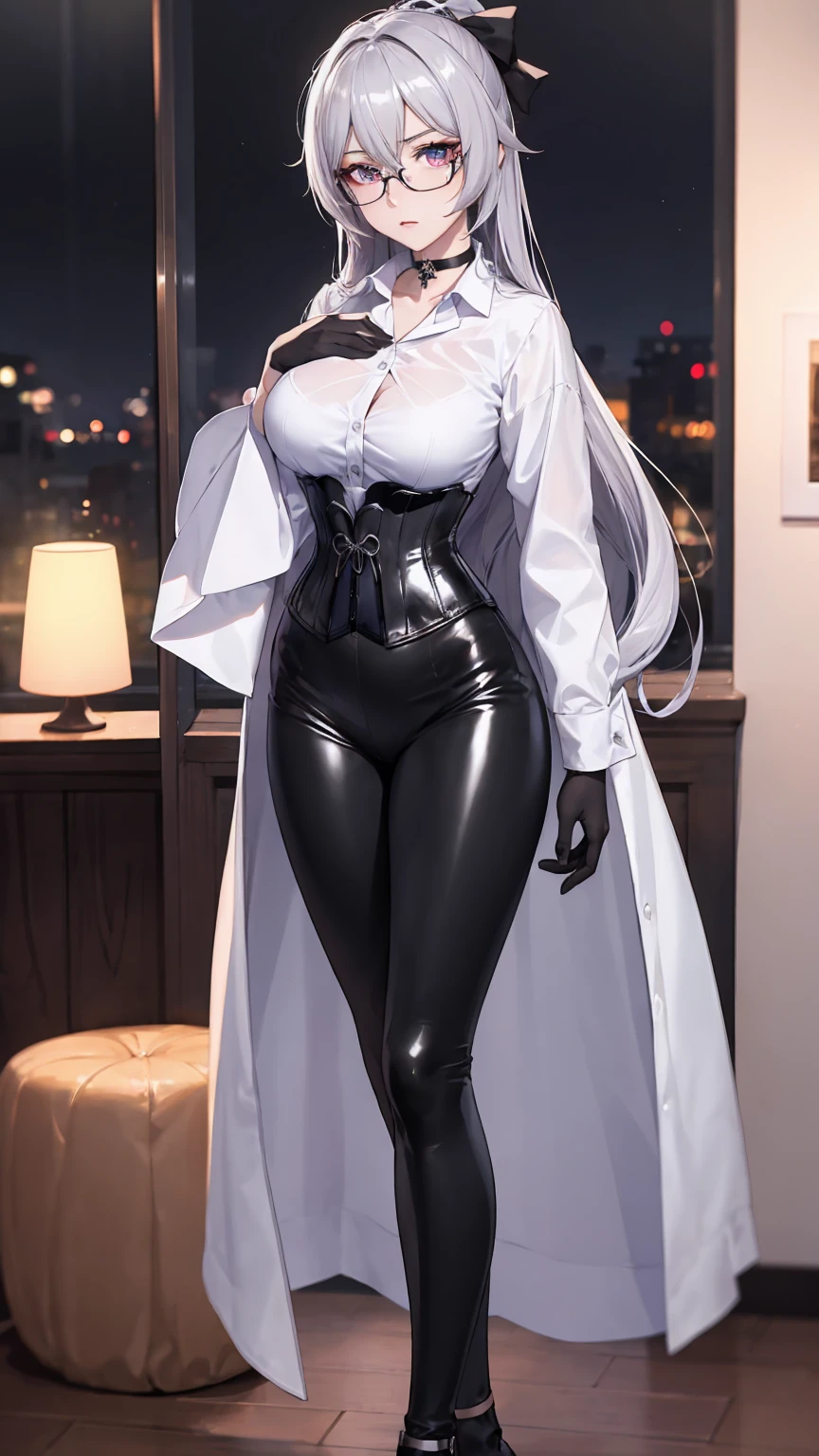 Masterpiece, Beautiful art, professional artist, 8k, detailed body, Very detailed face, very detailed eyes, Detailed clothing, detailed fabric, Best Quality, better resolution, 1 girl, bronya zaychik \(Honkai Impact 3rd\), front view, standing, big breasts, serious expression, At night , long silver hair, glasses, choker:1.6, (white collar button down long sleeve shirt), (shiny black corset), black gloves that cover your hands, (shiny black leggings), looking at the viewer, elegant room, At night