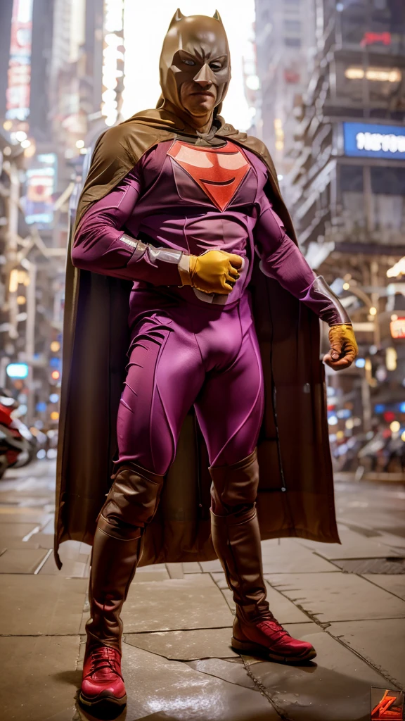 Kuang Man. Wear sportbike outfit. Wear cape. Mature man. Big muscles. High tech suit. Wear boots. Wear a glove