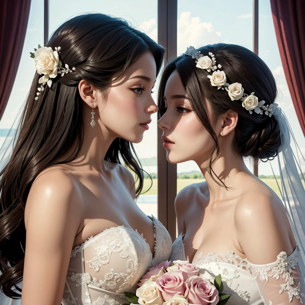 (masterpiece, highest quality, official art, beauty and aesthetic), perfect anatomy, two stunning bride is deeply in love with each other, kiss, flower