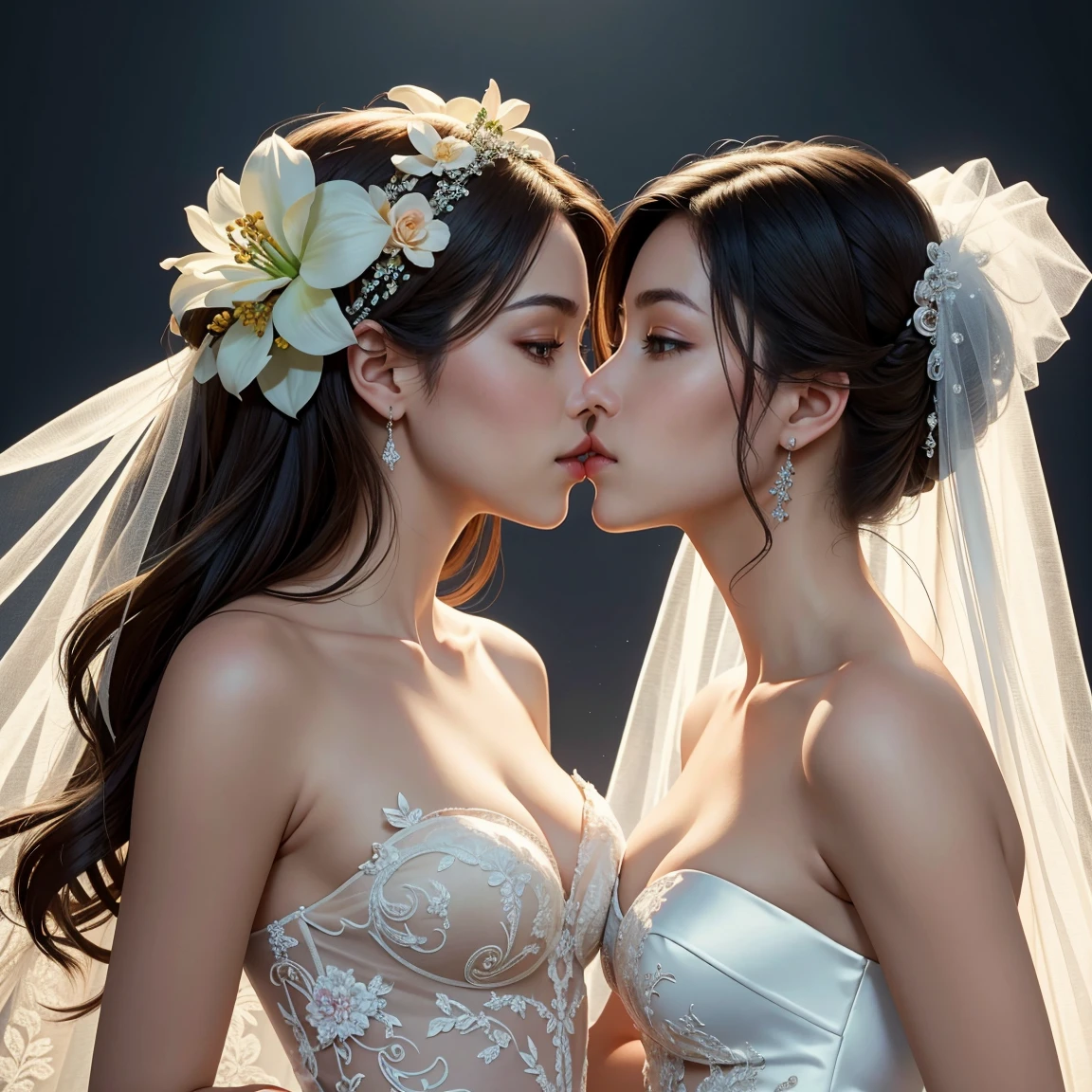 (masterpiece, highest quality, official art, beauty and aesthetic), perfect anatomy, two stunning bride is deeply in love with each other, kiss, flower