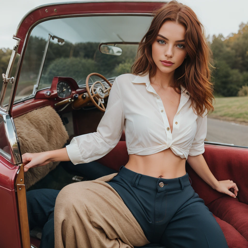 a photo of a seductive woman with loose styled redhead hair, posing in back of vintage car, she is wearing Button-up Shirt and Trousers, intricate details, goosebumps, flawless face, shy, prude, (light freckles:0.9), ((photorealistic):1.2), raw