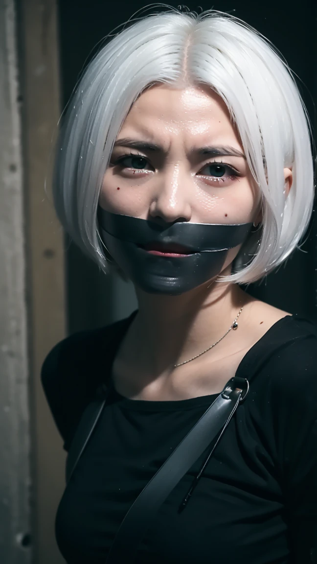 beautiful young girl 10 years old, White hair, tied and gagged, the place is a dark dungeon