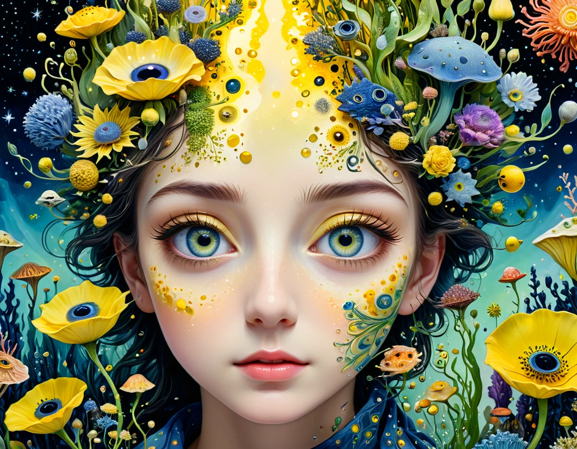 intricate abstract art, blend of floral buds, microorganisms, plants, marine life, eyes, starry sky, self-portrait of autistic person's inner world, strong sense of space, negative space, whimsical, surreal, yellow tones, highly detailed, masterpiece, (best quality, 4k, 8k, highres, masterpiece:1.2), ultra-detailed, (realistic, photorealistic, photo-realistic:1.37), HDR, UHD, studio lighting, ultra-fine painting, sharp focus, physically-based rendering, extreme detail description, professional, vivid colors, bokeh