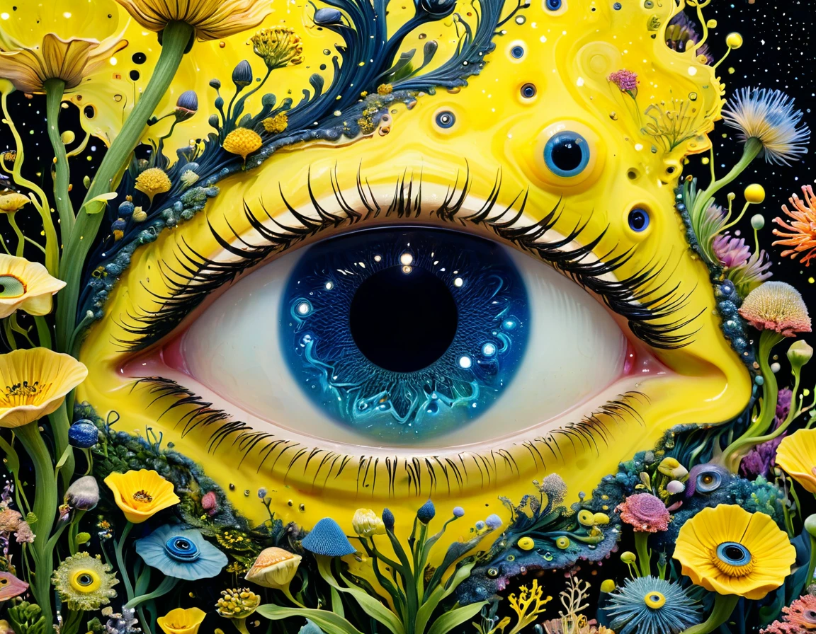 intricate abstract art, blend of floral buds, microorganisms, plants, marine life, eyes, starry sky, self-portrait of autistic person's inner world, strong sense of space, negative space, whimsical, surreal, yellow tones, highly detailed, masterpiece, (best quality, 4k, 8k, highres, masterpiece:1.2), ultra-detailed, (realistic, photorealistic, photo-realistic:1.37), HDR, UHD, studio lighting, ultra-fine painting, sharp focus, physically-based rendering, extreme detail description, professional, vivid colors, bokeh