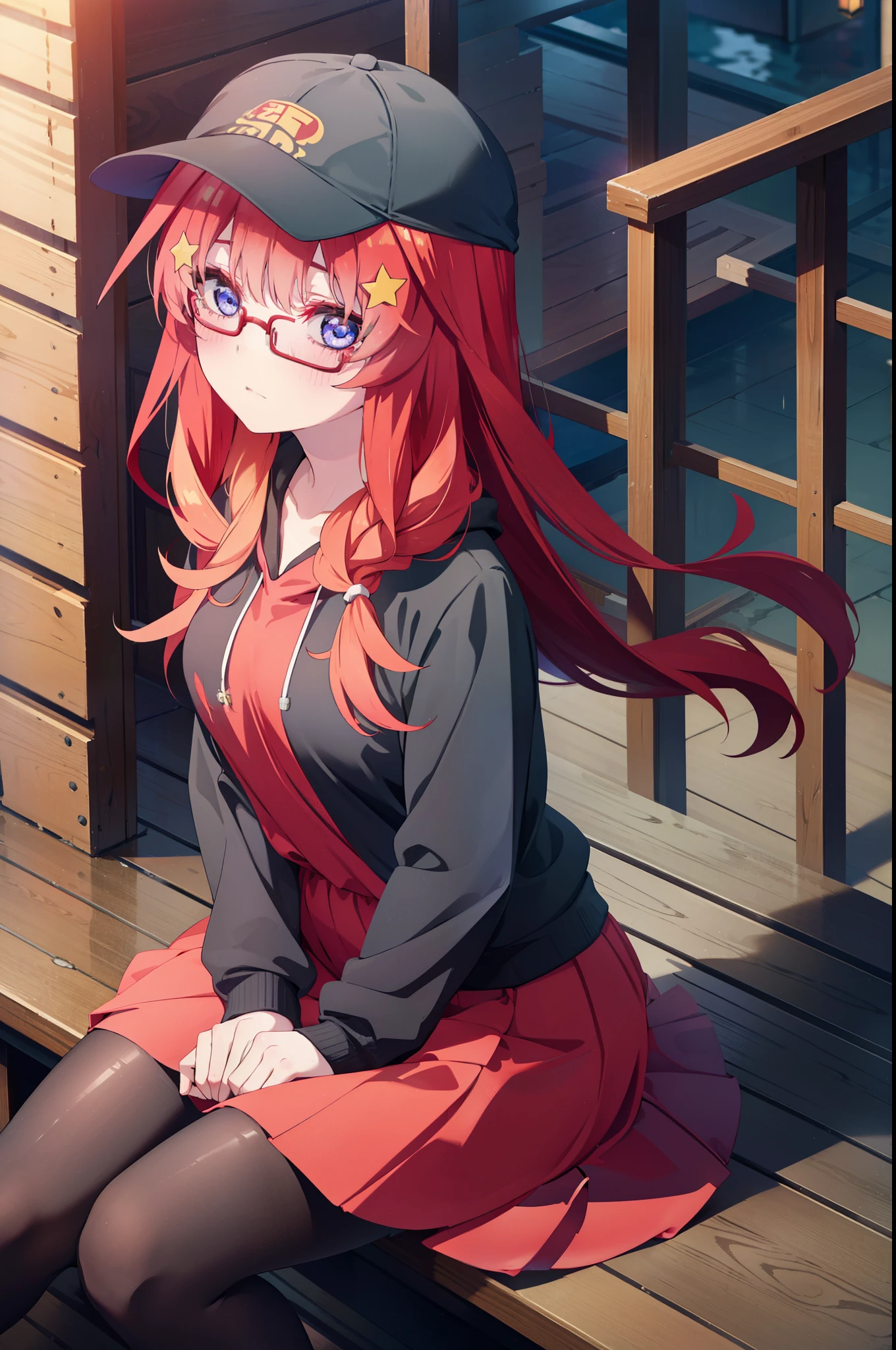 itsukinakano, itsuki nakano, bangs, blue eyes, Hair between the eyes, Ahoge, Redhead, star \(symbol\), hair ornaments, star hair ornaments,Braid,Baseball hats,Red-rimmed glasses,Oversized red hoodie and long skirt,Black pantyhose,short boots,Hiding in a roofed building,Sitting on the steps of a roofed building,rain,night,whole bodyがイラストに入るように,
break outdoors, Alley,
break looking at viewer, whole body,
break (masterpiece:1.2), Highest quality, High resolution, unity 8k wallpaper, (figure:0.8), (Beautiful attention to detail:1.6), Highly detailed face, Perfect lighting, Highly detailed CG, (Perfect hands, Perfect Anatomy),