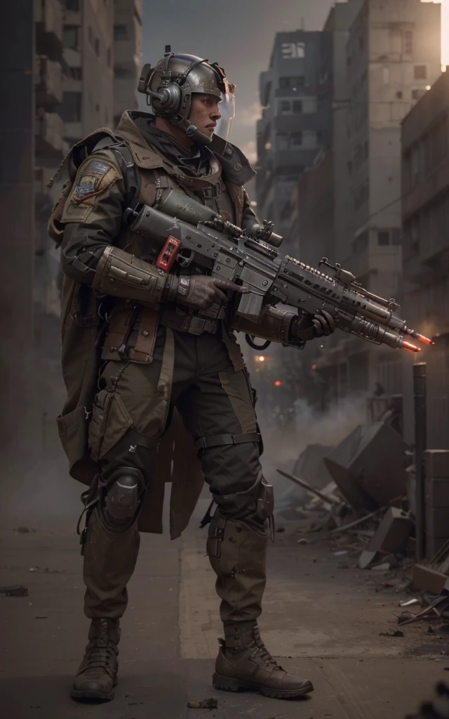 half Robotic half human dieselpunk style cyborg soldier, Light brown Soviet style military uniform color with matte red and, Belt with ammunition, rubber tubes and cables, is in a Modern city completely destroyed, smoke, debris, beautiful sunset, realistic, 4k, Ultra detailed image, realistic, Highly detailed, perfect composition, gorgeous, Intricately detailed, incredibly detailed, Art photography 8K, hyper detailed, Masterpiece, Ultra detailed, hyper realistic, 4k, Ultra detailed image, realistic, Highly detailed, perfect composition, beautiful, intricately detailed, incredibly detailed, art photography 8k, hyper detailed, masterpiece